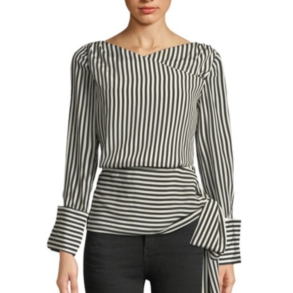 Alice & Olivia Alba Crossover Striped Tie-Waist Silk Blouse Black/White | L